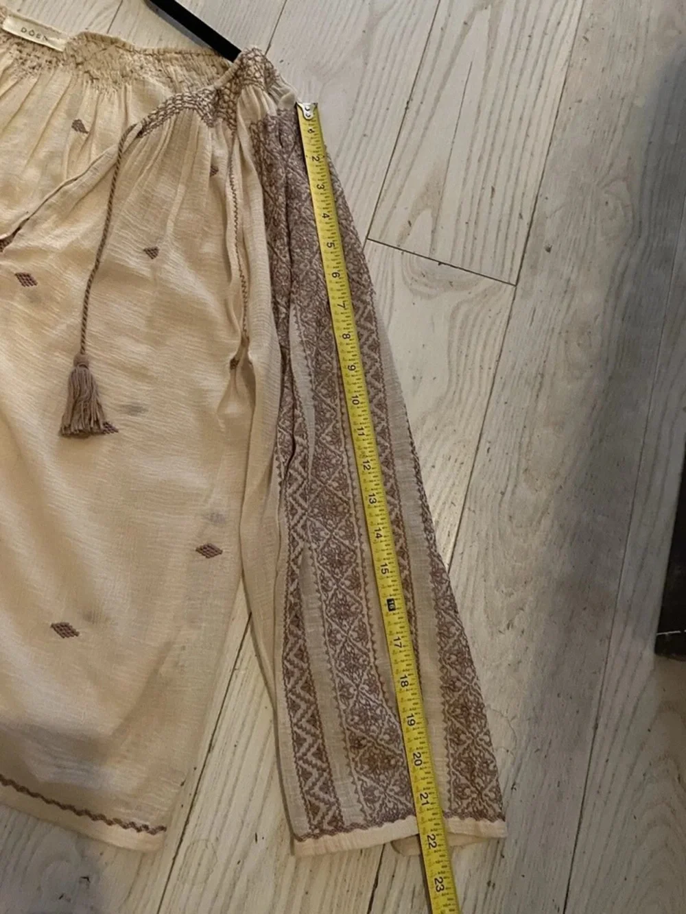 Doen Cream Peasant Tunic with Taupe Embroidery